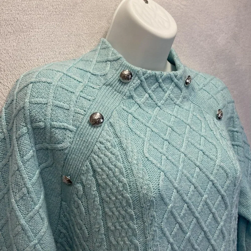 Talbots Cable Knit Sweater Womens Petite Large PL‎ Aqua Blue Buttons Old Money